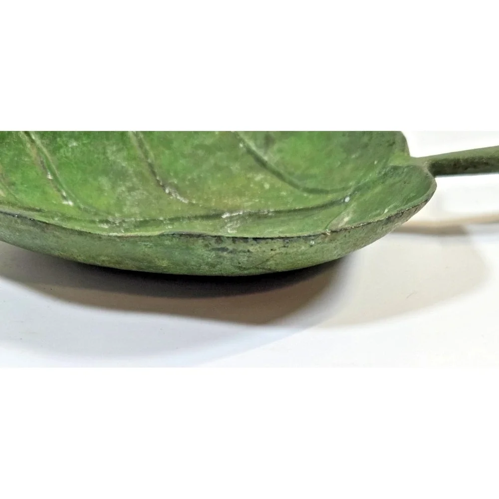 Metal Leaf‎ Trinket Bowl Dish  Green w/Veining Detail & Stem Heavy